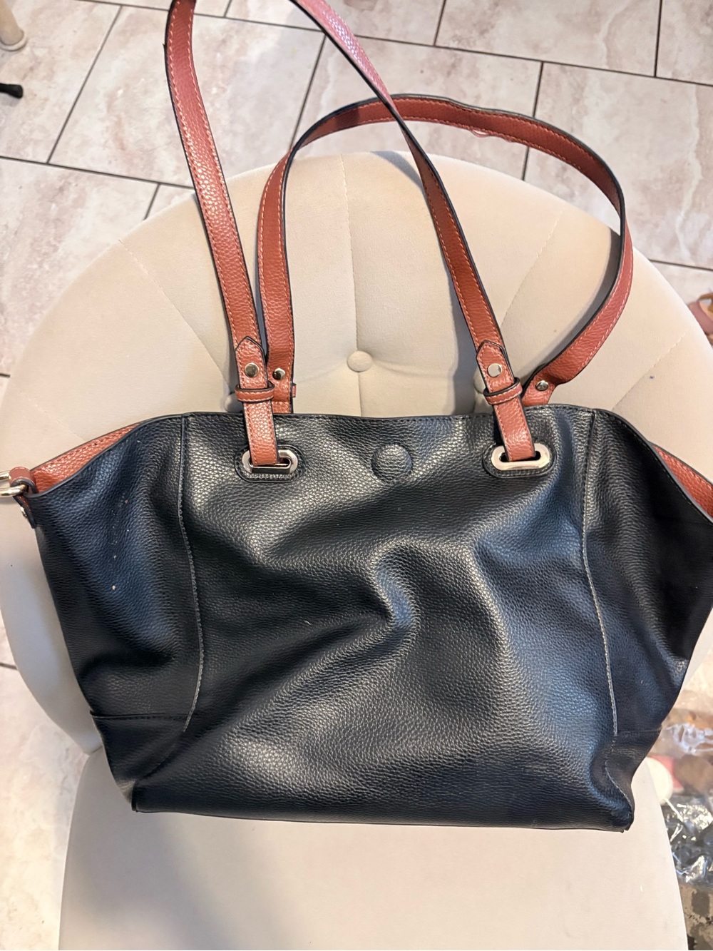 Bass Black Leather Shoulder Bag with Brown Straps
